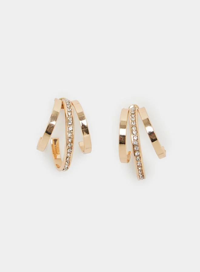 Styli Gold Triple Hoop Earrings With Crystals
